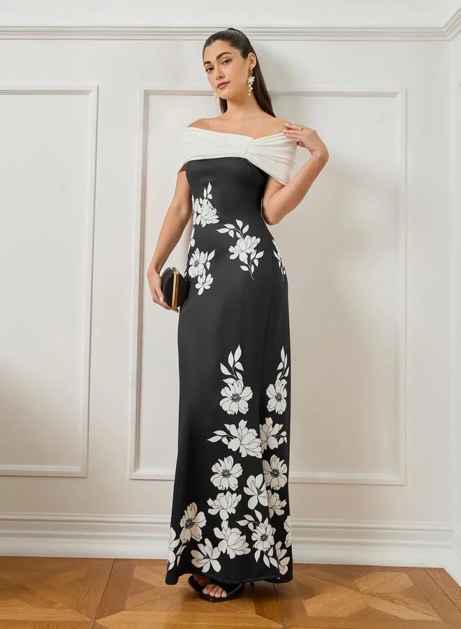 Styli Women Black Floral Print Off-Shoulder Maxi Dress